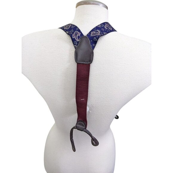 Vintage Pelican Suspenders Blue Paisley Leather Trim Button On USA Preppy Office - Picture 2 of 6